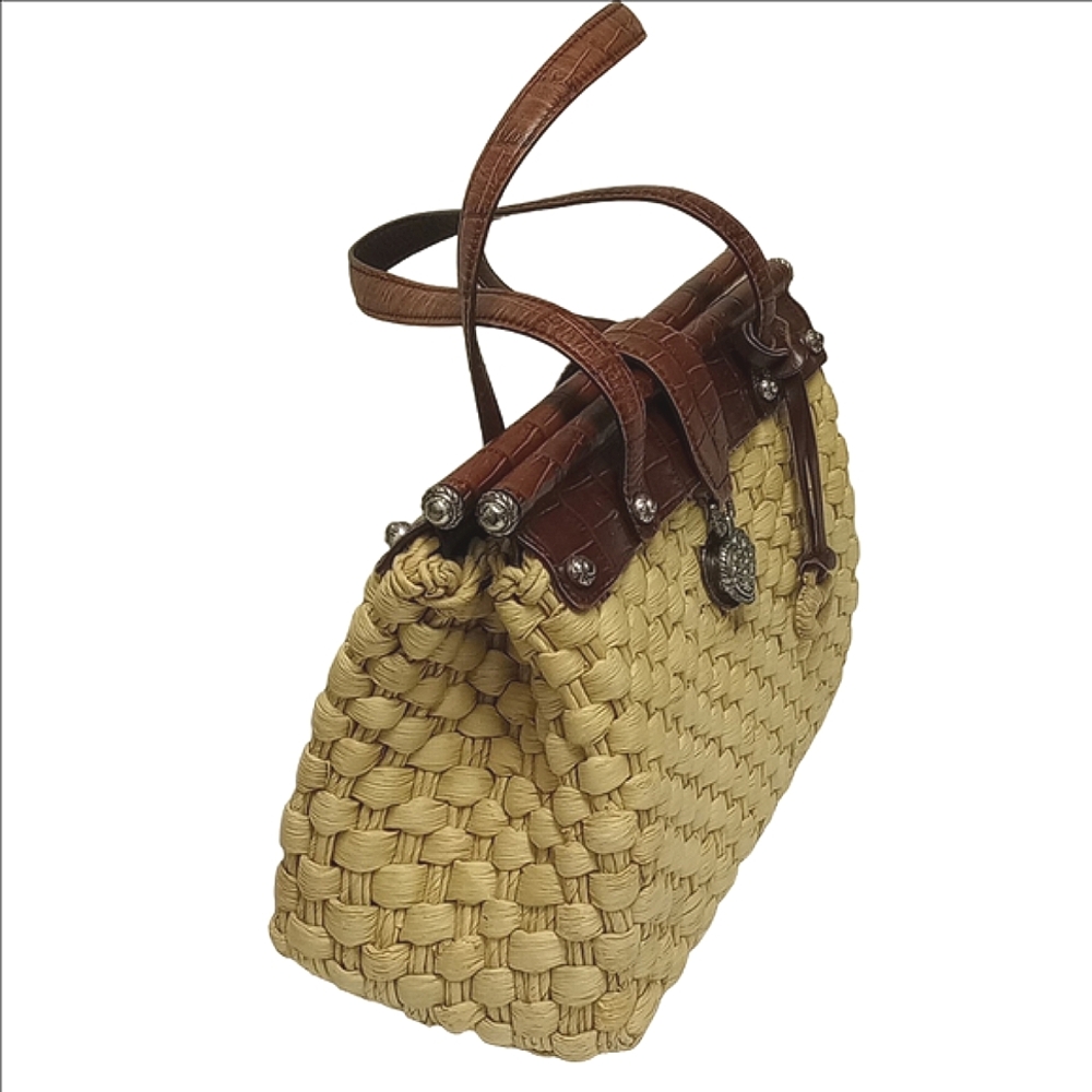 BRIGHTON "EVA DELIGHT" WICKER STRAW SUMMER HANDBAG WITH BROWN LEATHER ACCENTS - Picture 4 of 16